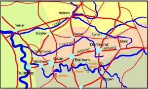 Abgebildet ist die Grafik einer Landkarte von Mitteldeutschland mit den alten Fernwegen. Im unteren Drittel wird mit roten Linien der Verlauf des Hellwegs und seinen Verbindungswegen nach Osten und Westen hervorgehoben. Die rote Linie ist zwischen Duisburg und Paderborn dicker gezeichnet.