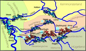 Abgebildet ist eine Grafik mit einigen blauen Wasserdrachen auf den Flussläufen der Lippe, Emscher, Ruhr und Rhein sowie einigen Bergdrachen nördlich der Ruhr, bei den Ruhrhöhen, dem Ardeygebirge und dem Haarstrang.